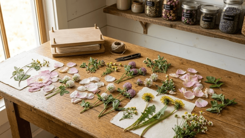Bonus 3: Pressed flowers, daisies, and botanical specimens laid out on a table